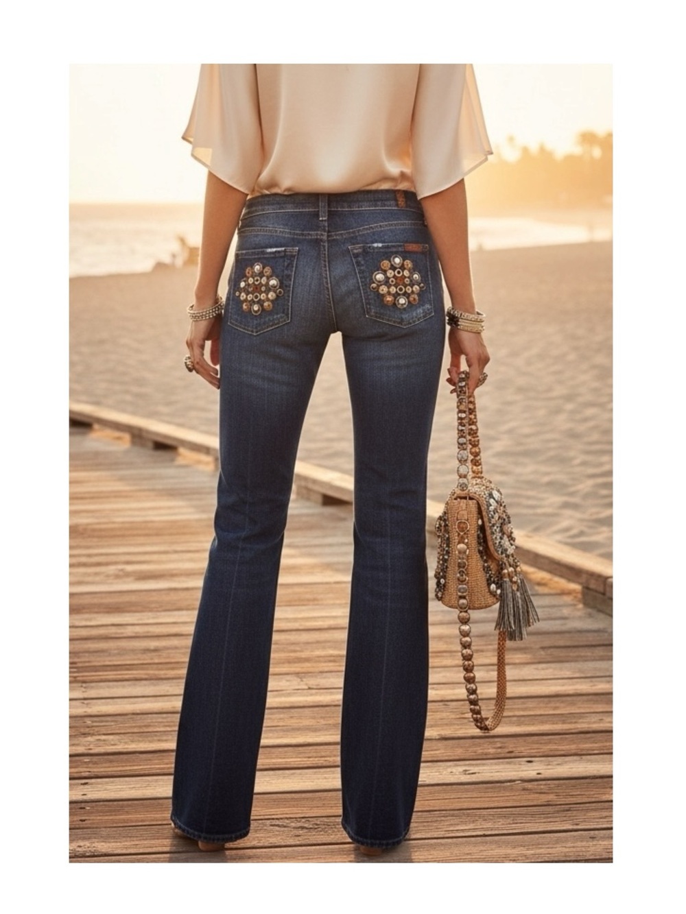 new 7 For All Mankind® ☯︎︎ Gold Medallion Embroidered Bootcut Jeans ☯︎︎ NY Dark - Picture 1 of 17
